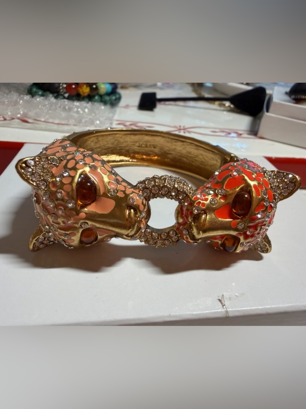 J. Crew Gold-Tone Double Leopard Bracelet with Orange Enamel and Crystal Accents - Picture 2 of 8